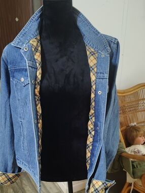 Denim Jacket with Plaid Trim - Blue